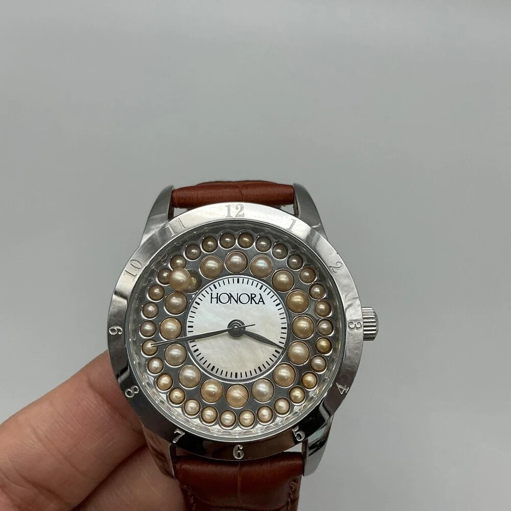 Honora Womens Watch 40mm Champagne Pearl Dial Brown Leather Issue w/ Crown